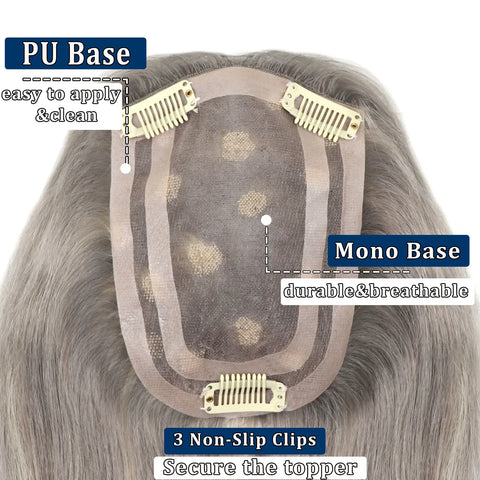 14Inch Grey Highlight Mono With PU Human Hair Toppers Hair Pieces For Women Hair Clips In Toppers Extensions For Women Toupee