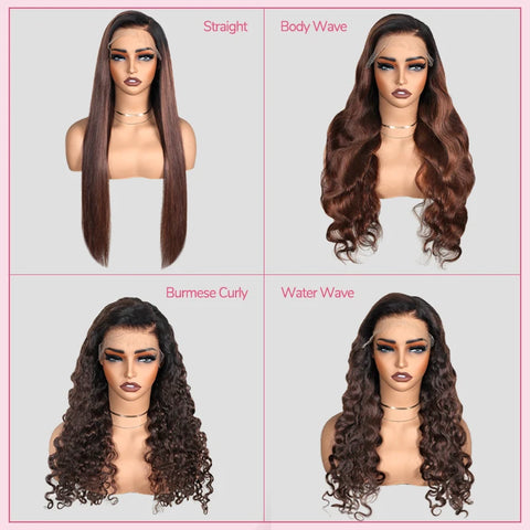 7x6 Chestnut Brown Highlights PartingMax Glueless Wig Straight Body Wave Water Wave Burmese Curly Closure HD Lace Long Curly Wig