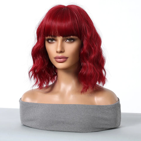 Christmas Short Curly Wavy Burgundy Wine Red Synthetic Wig Lolita Hair Wig with Bangs for Women Cosplay Party use Heat Resistant