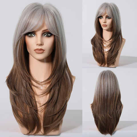 HENRY MARGU Grey Layered Synthetic Natural Wig Medium Length Straight Wig with Bangs for Women Daily Party Wigs Heat Resistant