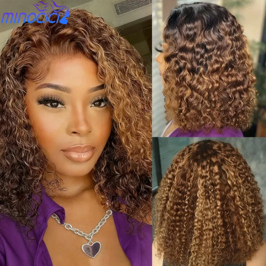 Highlight Ombre Bob Wig Human Hair 100% 5X5 Hd Lace Closure Wig Curly Short Honey Blonde Colored Glueless Deep Wave Frontal Wigs