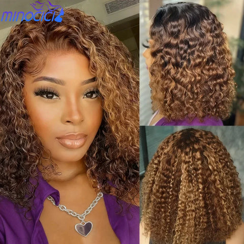 Highlight Ombre Bob Wig Human Hair 100% 5X5 Hd Lace Closure Wig Curly Short Honey Blonde Colored Glueless Deep Wave Frontal Wigs