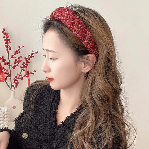 New Vintage Red Womens Headband Woolen Velvet Hair Band Headwear Girl Side Sponge Hair Hoop Christmas Day Hair Accessories