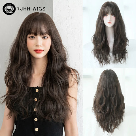 7JHH WIGS Honey Brown Wigs with Neat Bangs High Density Synthetic Loose Brown Hair Wig for Women Daily Use Beginner Friendly