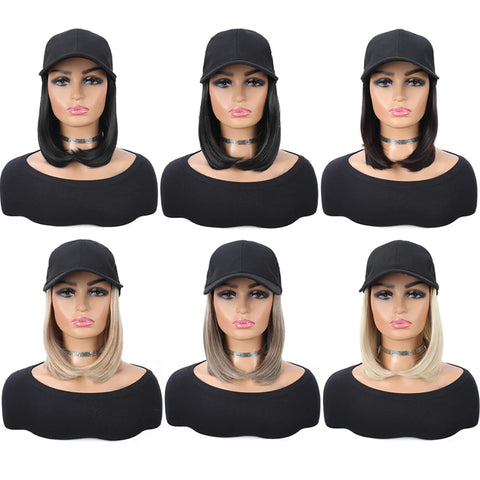 Baseball Cap with Synthetic Hair Extensions Straight Short Bob Hairstyle Adjustable Removable Wig Hat 10 inch for Woman Girl