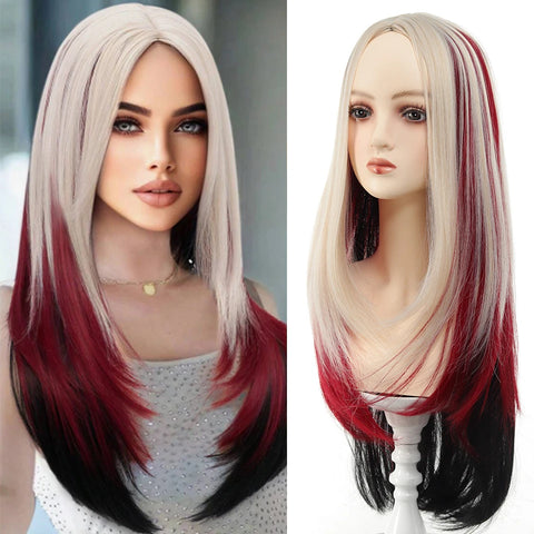 Synthetic 24 inch Loiita Black Pink Tousled Long Straight Wig Double Ponytail Hair Extensions cosplay wig Christmas