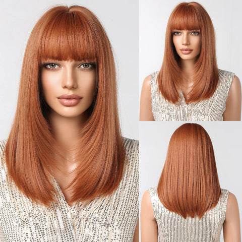 Straight Black Bob Synthetic Wig with Bangs Medium Long Cosplay Layered Wigs for Woman Natural Hair Daily Wig Heat Resistant