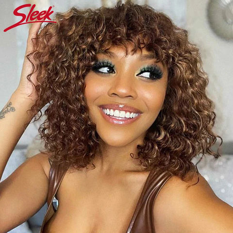 Jerry Curly Short Bob Human Hair Wigs With Bangs Wear To Go Glueless Wig Highlight Honey Water Wave Blonde Colored Wig For Women