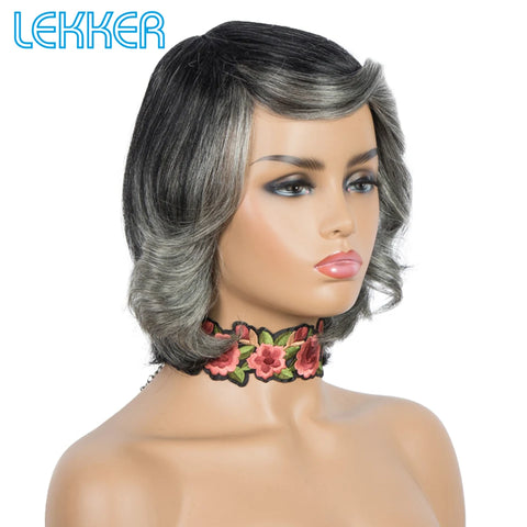 Lekker Highlight Silver Grey Short Wavy Bob 100% Human Hair Wigs For Women Brazilian Remy Hair Salt Pepper Full Machine Made