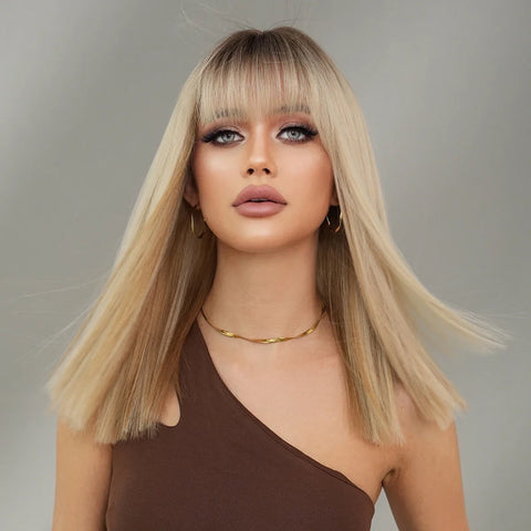 NAMM Shoulder Length Wig Synthetic Straight Blonde Ombre Brown Wigs For Women Daily Party High Density Layered Wigs With Bang
