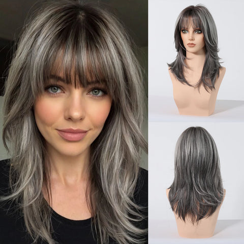 HENRY MARGU Grey Layered Synthetic Natural Wig Medium Length Straight Wig with Bangs for Women Daily Party Wigs Heat Resistant
