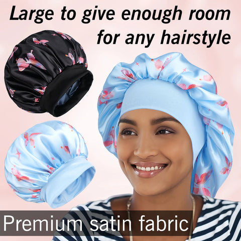 Satin Sleeping Cap for Women, Wide Elastic Band Bonnet with Butterfly Print, Soft & Breathable, Ideal for Curly Hair