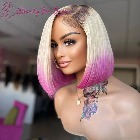 Short Bob Cut Wigs 613 Honey Blonde Lace Front Human Hair Wig Ombre Pink Colored Brazilian Remy Lace Frontal Wig Pre Plucked