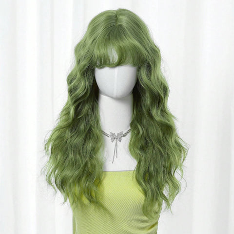 Long Curly Green Wave Synthetic Wigs with Bangs for Women Christmas Grass Green Cosplay Wigs Daily Natural Hair Heat Resistant