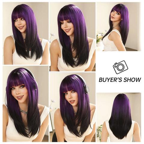 Straight Layered Synthetic Wigs Purple Black Ombre Wig with Bangs Middle Length Colored Cosplay Wig for Women Heat Resistant Wig