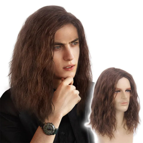 Brown synthetic wig - men's shoulder-length medium-length wavy hair fashionable high-temperature hairpiece