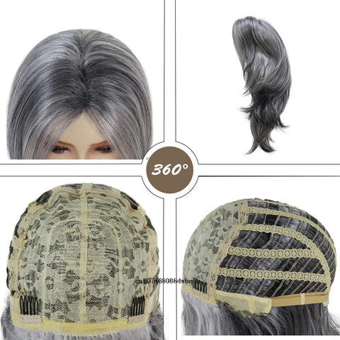 Grey Layered Long Synthetic Wigs with Bangs Silver Gray Wavy for Women Salt and Pepper Natural Looking Daily Use Heat Resistant