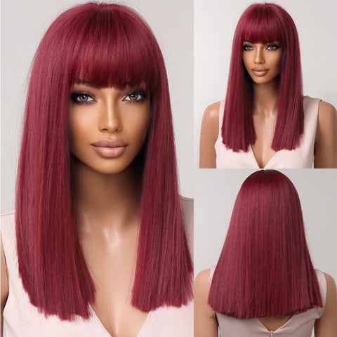 Straight Black Bob Synthetic Wig with Bangs Medium Long Cosplay Layered Wigs for Woman Natural Hair Daily Wig Heat Resistant
