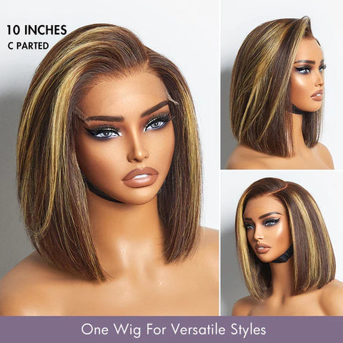 PartingMax Glueless Wig Honey Blonde Highlight Silky Blunt Cut 7x6 Closure HD Lace Bob Hair Wig