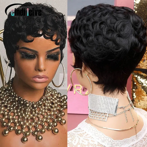 Short Curly Pixie Cut Human Hair Wigs For Black Women Natural Black Glueless Wig Peruvian Remy Bob Full Machine Made Wigs 150%