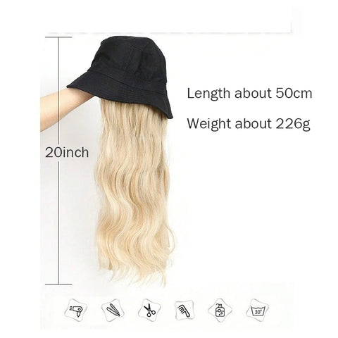 Synthetic Women Caps with Hair 20 Inch Hat Wig Seamless Connection Hair Extensions Beautiful Long Wavy Curly for Daily Use