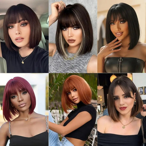 Light Brown Synthetic Wigs Straight Short Bob Cut with Bangs Wig for White Women Korean Daily Party Cosplay Heat Resistant Hair