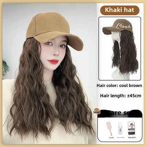 Korean Style Hat Wig Integrated Romantic Casual Face Slimming Long Curling Natural Comfortable Hair for Women