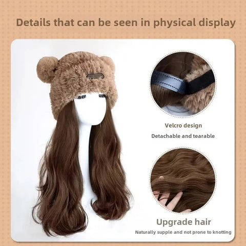 Women's Integrated Long Hair Wig Hat Autumn Winter New Popular Bear Ear Cap Full Head Cover Natural Looking Fiber Hair Extension
