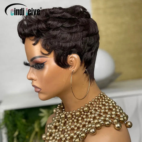 Short Curly Pixie Cut Human Hair Wigs For Black Women Natural Black Glueless Wig Peruvian Remy Bob Full Machine Made Wigs 150%