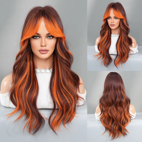 PARK YUN Costume Wig Long Wavy Brown Wig For Women Daily Party Dark Roots Synthetic Blonde Highlight Wigs High Density With Bang
