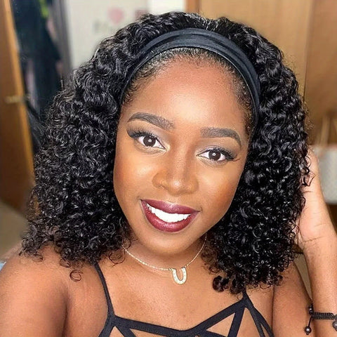 Aircabin Kinky Curly Hair Headband Wig Human Hair Bob Wigs Full Machine Made Short Bobo Curly Wigs for Women Natural Black Color