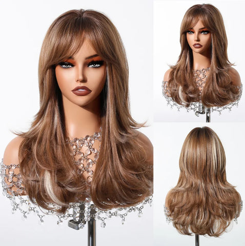 HENRY MARGU Grey Layered Synthetic Natural Wig Medium Length Straight Wig with Bangs for Women Daily Party Wigs Heat Resistant