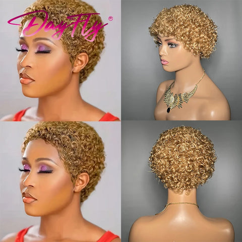 Short Afro Kinky Curly Hair Wigs For Black Women Human Hair African Fluffy Wig With Bangs Brazilian Pixie Cut Wigs Machine Made
