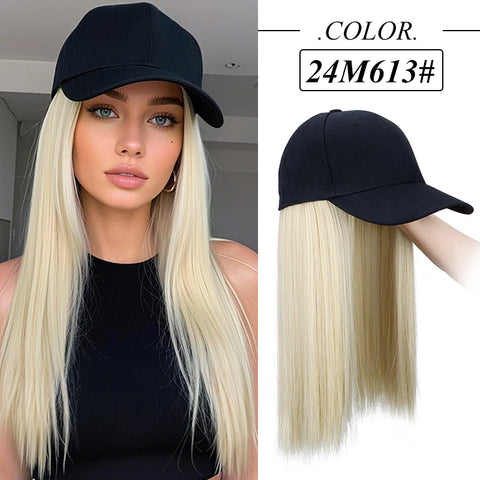 Synthetic Hat Wig with Long Straight Black Hair Baseball Cap Hair Extension Stylish & Convenient All-in-One Design for Women