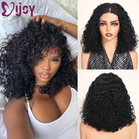 ijoy Natural Black Burmese Curly Human Hair Wig with Spiral Curls Pre Plucked 13x4 Lace Front Bob Wigs Tiny Knots