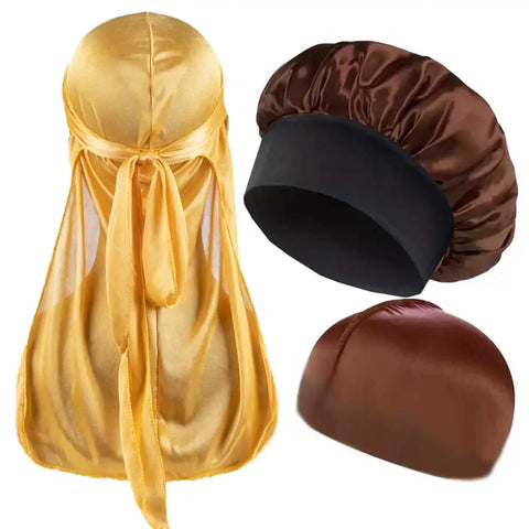 3pcs/set, Durag & Bonnet & Dome Hats, Solid Color Elastic Satin Bonnet Night Cap, Lightweight Pirate Hats