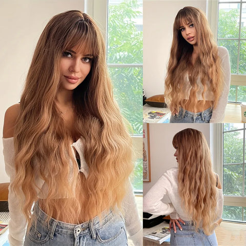 ALAN EATON Brown Highlight Synthetic Wigs with Bangs for Black Women Long Ombre Honey Brown Wave Wig Heat Resistant Hair Natural