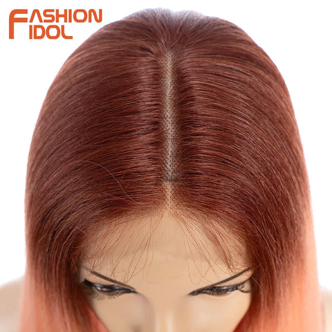 FASHION IDOL Lace Front Wig Synthetic 36 Inches Long Kinky Straight Wig Ombre Pink Cosplay Wigs For Women Party Daily Fake Hair