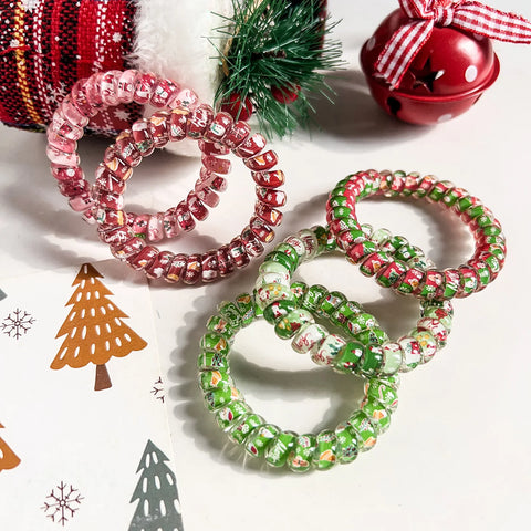 5PCS Christmas Telephone Cord Hair Ties-Cute Santa Snowflake Printed, Elastic Spiral Hair Bands For Women, Festive Holiday