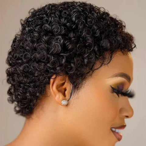 Short Kinky Curly Wigs Human Hair Machine Made Pixie Cut Wigs Brazilian Human Hair For Women Natural Black Curly Human Hair Wigs