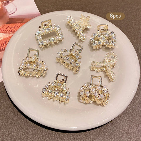 8 alloy rhinestone imitation pearl small hair claws, fashionable and sweet style hair clips suitable for daily use as hair acces