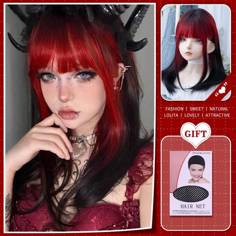 WTB Synthetic Long Straight Hair Black Lolita Wigs with Bangs for Women Fashion Female Cosplay Party Christmas Wigs Multicolor