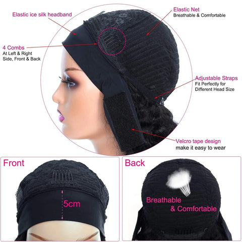 Aircabin Kinky Curly Hair Headband Wig Human Hair Bob Wigs Full Machine Made Short Bobo Curly Wigs for Women Natural Black Color