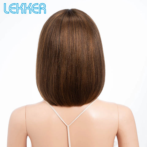 Lekker Ombre Brown Short Straight Bob 100% Human Hair Wig With Bangs For Women Brazilian Remy Hair Colored Full Machine Made Wig