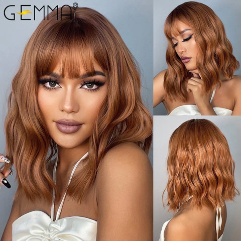 GEMMA Dark Brown BoBo Synthetic Wig with Bangs Shoulder Length Straight Wig for Women Cosplay Daily Hair Wig Heat Resistant Fibr