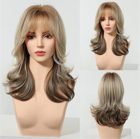 HENRY MARGU Grey Layered Synthetic Natural Wig Medium Length Straight Wig with Bangs for Women Daily Party Wigs Heat Resistant