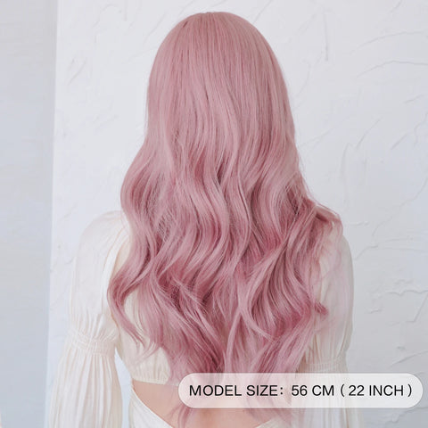 7JHH WIGS Long Wavy Pink Wigs for Women Daily Party Costume Synthetic Hair Wig with Bangs Halloween Costume Carnival Lolita Wig