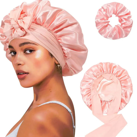 A Set/2Pcs Sleeping Women's Silk Hat Satin Hat Satin Border Curly Hair Hat Strap Elastic Headband