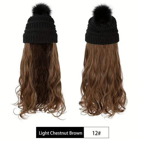 20inch Long Water Wavy Synthetic Hairpiece Beanie Hat - Woven Wigs with Knit Pom Cap and Warm Winter Design - Soft, Detachable,