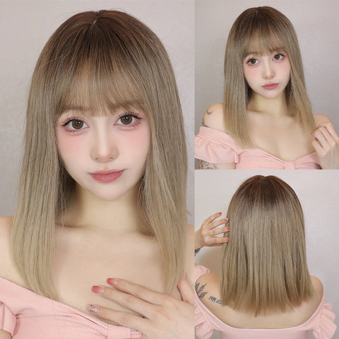 Light Brown Synthetic Wigs Straight Short Bob Cut with Bangs Wig for White Women Korean Daily Party Cosplay Heat Resistant Hair